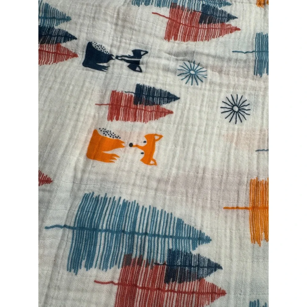 Woodland Fox Cotton Muslin Swaddle Blanket Navy Rust Orange Tree Print 43x41